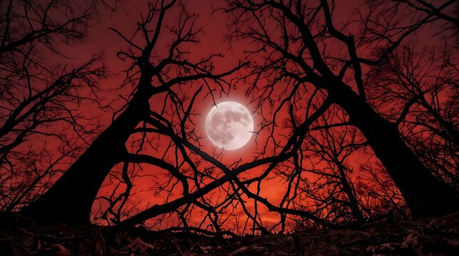 Halloween full moon rising behind dark silhouettes of bare trees in a spooky red night sky