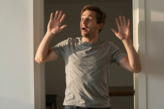 Middle Aged Caucasian Male With Short Brown Hair Standing In Indoor Setting To Home Office Environment Wearing Casual Heathered Gray