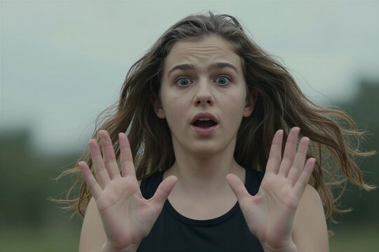 Young Female With Expression Of Surprise Shock On Face Hair Disheveled Suggesting Movement In Air Due To Wind Rain Subjects Eyes Wide