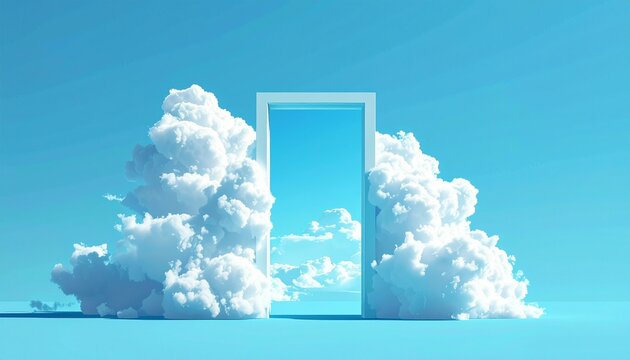 Open Doorway to Fluffy White Clouds in Sky.