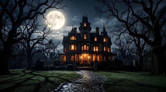 Halloween haunted victorian mansion at night under a full moon with bare trees
