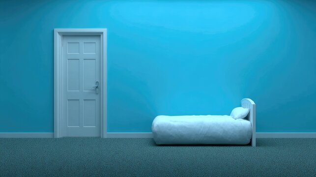 Minimalist bedroom interior with door and bed against blue wall