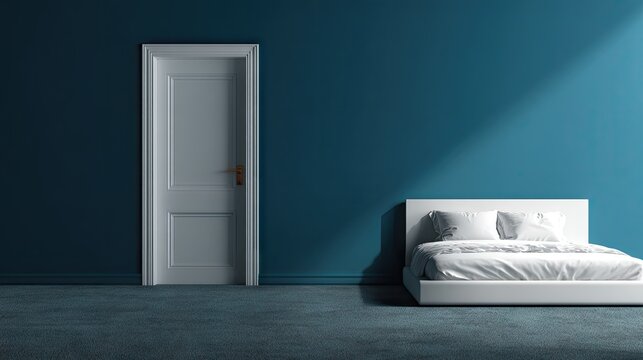 Minimalist bedroom interior with blue wall door and bed with soft sunlight