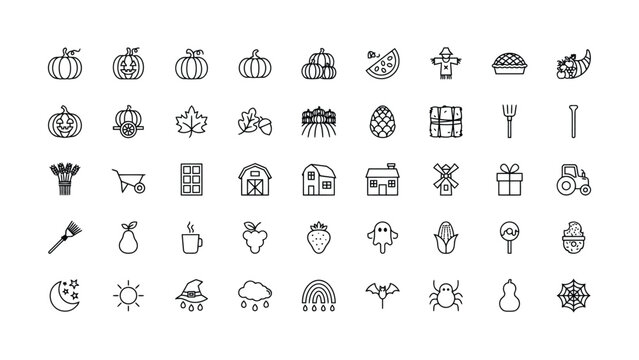 Collection of autumn harvest and seasonal icons featuring pumpkins vegetables farm tools and weather elements on transparent background