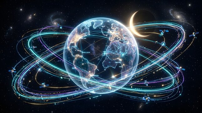 Global satellite network connectivity and data communication system orbiting earth in space