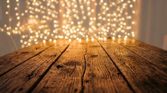 Halloween rustic wooden table surface with blurred warm fairy lights bokeh background