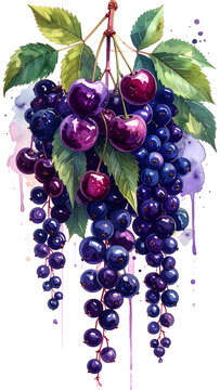 Dornfelder tall watercolor dark cherries elderberries creating inky purple rich granulation dramatic depth generative AI