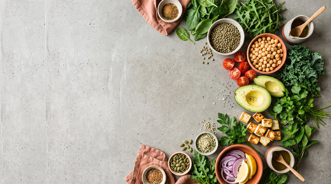 Fresh plant based ingredients arranged on textured gray surface for healthy cooking meal preparation with tofu rustic gray background soft natural lighting