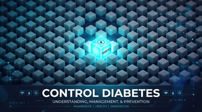 Diabetes management concept illustrating medical awareness through glowing digital cube symbolism for chronic condition prevention with text representing medical