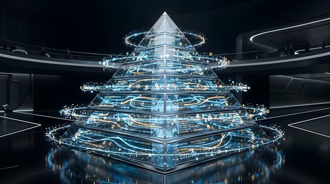 Futuristic glass pyramid with holographic data icons and digital streams in a modern hightech architectural space