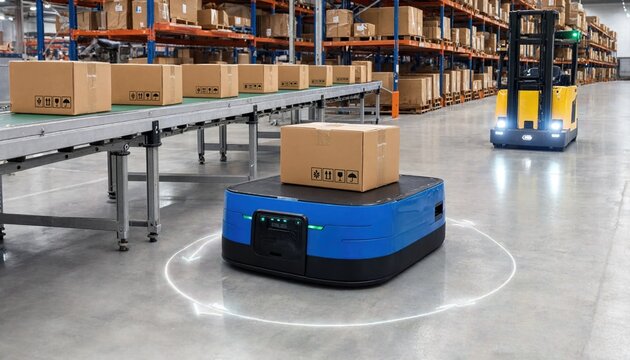 Automated warehouse robot (AGV) carrying a cardboard box on a digital path, symbolizing smart logistics, AI technology, and industrial automation efficiency- 3D rendering