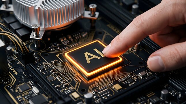 Halloween closeup of a human finger touching a glowing ai processor chip on a computer motherboard
