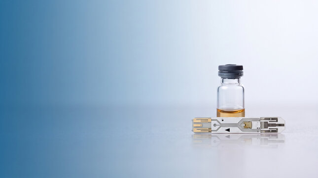 Medical diagnostic test strip placed beside small glass vial with electronic glucose testing liquid reflective surface front small transparent