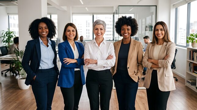 Halloween diverse group of professional business women standing together in a modern office