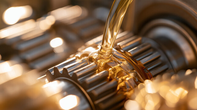 Lubricating Gears: A close-up shot of golden oil pouring onto meshing metal gears, creating a scene of industrial lubrication and smooth operation with sparks flying.