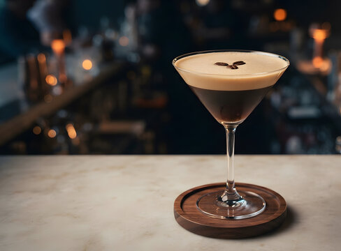 Espresso martini cocktail on wooden coaster over marble bar counter, moody indoor restaurant atmosphere with bokeh lights, luxury nightlife beverage.