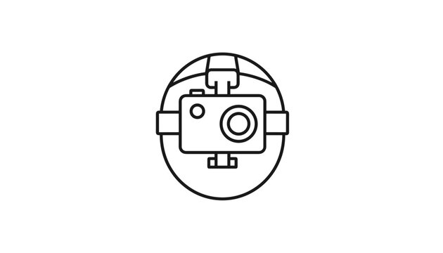 Simple black and white line art icon of a protective sports helmet with an action camera mounted on the front.