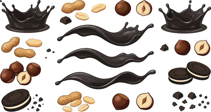 Dark Chocolate Liquid Splash and Swirl Wave Set with Cream Sandwich Cookies, Peanuts, Roasted Hazelnuts, and Crunchy Cacao Nib Chunk Vectors for Dessert Packaging