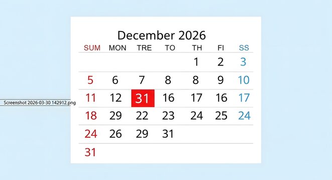 December 2026 calendar highlighting the 31st, planning important events