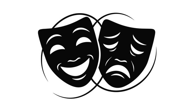 Classic theater masks representing comedy and tragedy depicted in a bold black silhouette on a plain white background.