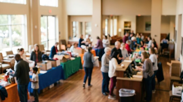 blurred community event charity drive donation center indoor hall crowd bokeh background volunteer gathering lifestyle