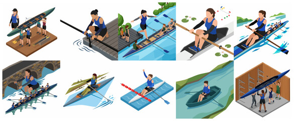 Isometric Rowing and Sculling Sport Set Featuring Athletes, Boats, and Team Training Scenes © Yaance