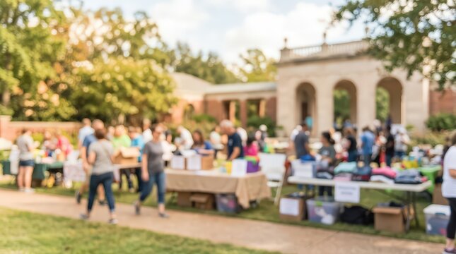 blurred outdoor community event charity donation drive garage sale market people tables park building architecture lifestyle background