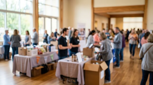 Blurred community event charity food drive volunteer people social gathering indoor market fundraising fundraiser bokeh background
