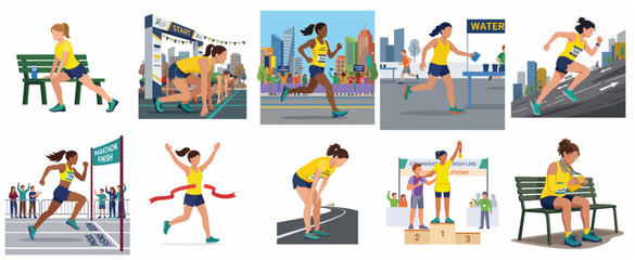 Naklejka premium Female Marathon Runner Illustration Set featuring Athlete Stages from Training and Race Start to Finish Line and Podium Ceremony