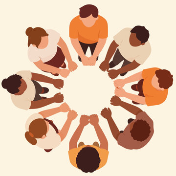 Top view illustration of diverse group of multicultural people sitting in a circle and holding hands to symbolize community unity teamwork and social connection on plain background