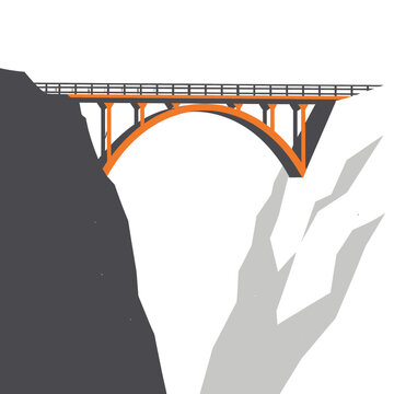 Minimalist vector illustration of a modern orange arched bridge connecting two steep rocky mountain cliffs against a clean white background in a flat graphic design style