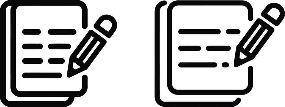 Edit document with pencil icon set featuring online forms, contracts, reports, surveys, questionnaires, note taking, and document editing in editable vector styles