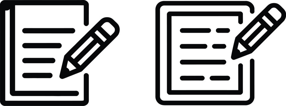 Edit document with pencil icon set featuring online forms, contracts, reports, surveys, questionnaires, note taking, and document editing in editable vector styles