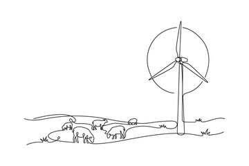 Obraz premium Continuous line drawing of a wind turbine and a flock of sheep.