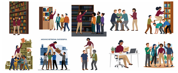 Fototapeta premium Business Team Collaborating in Library Archive and Data Management Vector Illustration Set