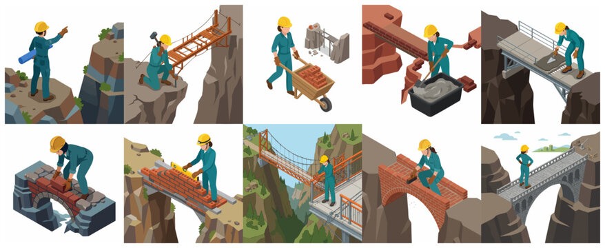 Set of isometric illustrations of female construction workers and engineers building different types of bridges across steep canyons and cliffs.