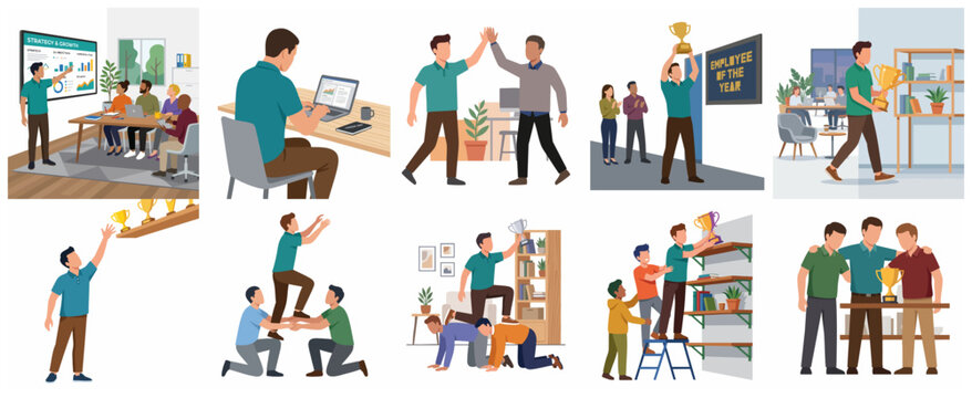 Business Success and Teamwork Illustration Set featuring Employee Recognition, Goal Achievement, and Corporate Collaboration