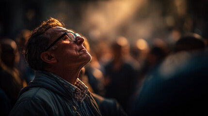 Obraz premium Man with glasses gazing up towards warm evening sunlight in a city crowd