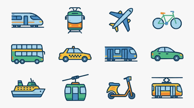 Illustrated Collection of Various Transportation Vehicles.