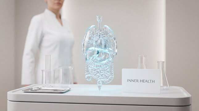 Holographic human organs floating above medical table with doctor with while blurred doctor white coat stands background