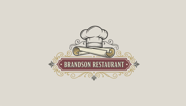 Classical restaurant logo design for Brandson Restaurant featuring a chef hat and menu scroll inside a frame.
