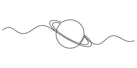 A minimalist line drawing of a planet with prominent rings, Saturn Planet With Ring System, Simple line drawing depicts a planet with rings and a smaller orbiting moon, Saturn planet with rings in  © Line pro