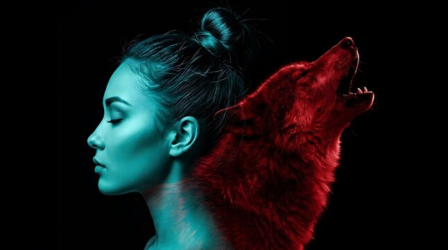 Double exposure profile silhouette of calm woman with howling wolf