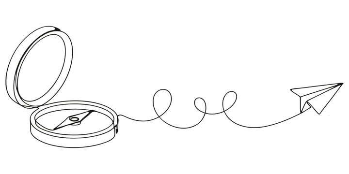 Continuous line drawing Minimalist line art, compass and paper airplane, navigation symbol, vector icon, Traveller compass and paper plane in one continuous line drawing. Map guide and new adventure 