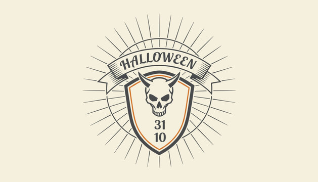 Retro Halloween shield badge with a devil skull silhouette and radial ray lines on a cream background.