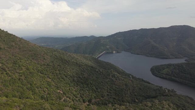 Scenic Reservoir Of Lago di Montimannu Near Villacidro In Southwestern Sardinia, Italy. Aerial Drone Shot