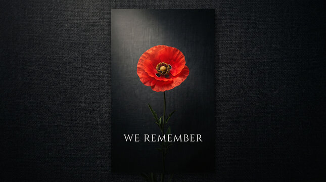Vibrant red poppy flower centered against dark textured background with we remember commemorative text with positioned centrally against displays single vivid commemoration