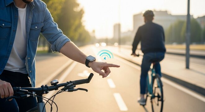 Young cyclist using smartwatch for navigation on city road with AI assistance