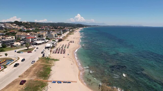 Aerial Dolly of Kanali Beach in Preveza Coast Greece, Long Coastline Sea Landscape of Ionian Sea Beauty