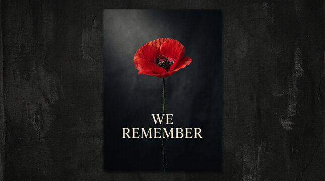 Sole red poppy flower against dark textured backdrop with commemorative we remember text graphic design with background elegant commemorative single vibrant red